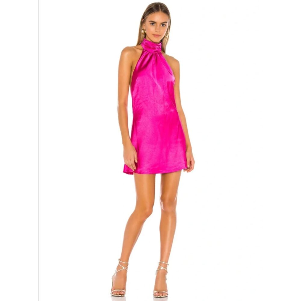 Lovers + Friends Pink Halter Mock Neck Dress Size Large Satin Pleated Mini Party